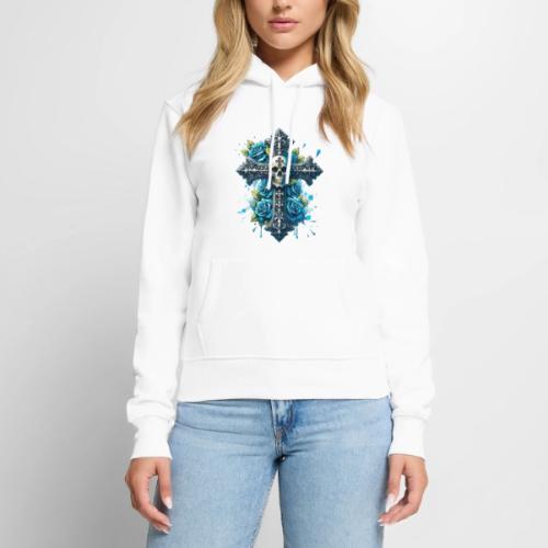 Gothic Collection - Cross, Skull & Blue Roses - Women's Premium Hoodie