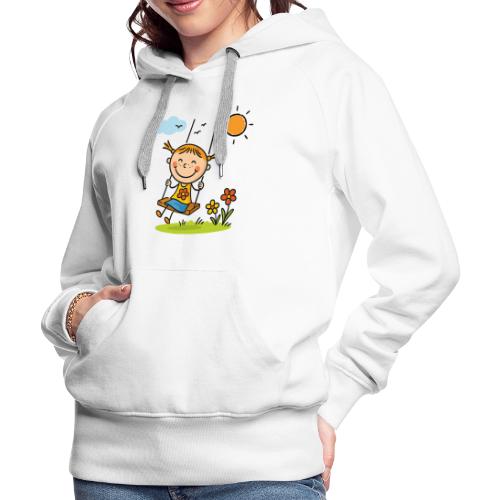 Happy Girl on Swing Cartoon T-Shirt - Women's Premium Hoodie