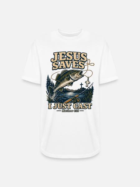 Jesus Saves I Just Cast Christian Fishing - Long Body Men’s T-Shirt - white