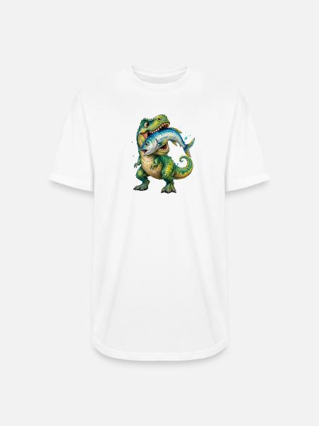 Cretaceous Catch: Dino with Fish - Long Body Men’s T-Shirt - white