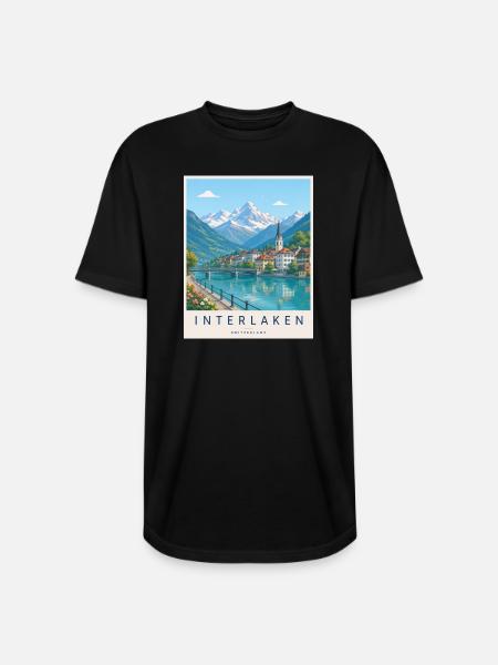 Interlaken Alpine Lakescape - Long Body Men’s T-Shirt - black