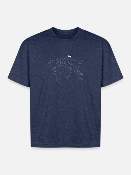 World Map Heart Flight - Boxy Fit Unisex T-Shirt - vintage heather navy