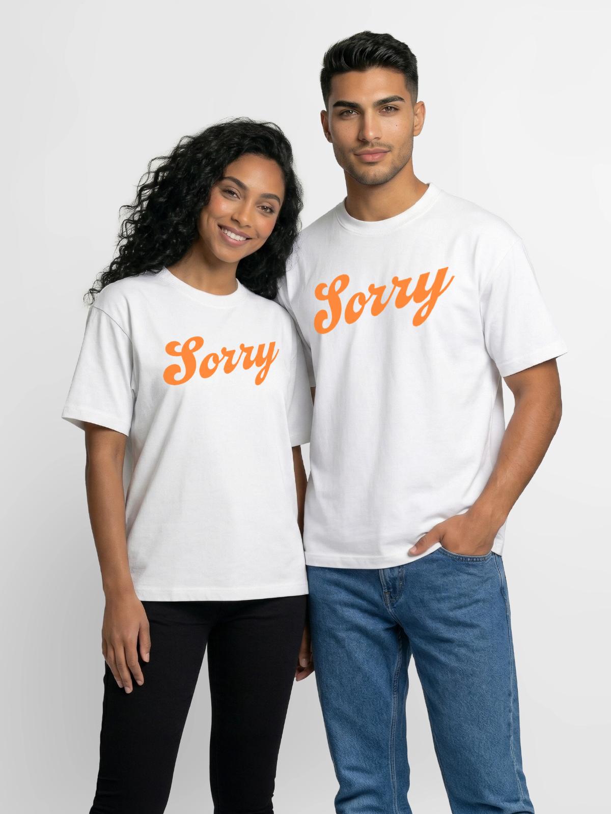 Sorry - Boxy Fit Unisex T-Shirt - white - Front - AI Model Female 172 dark (172cm) & AI Model Male 185 dark (185cm)