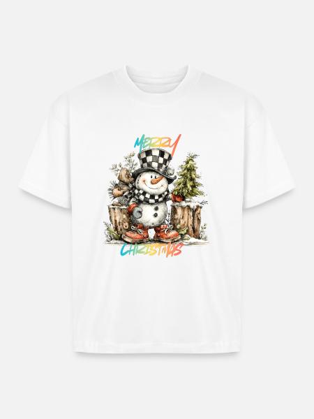 Checkerboard Snowman Christmas Tee - Boxy Fit Unisex T-Shirt - white
