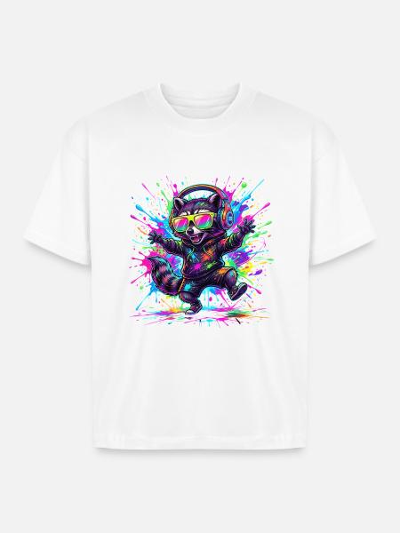 Raccoon Rave Neon Splash - Boxy Fit Unisex T-Shirt - white