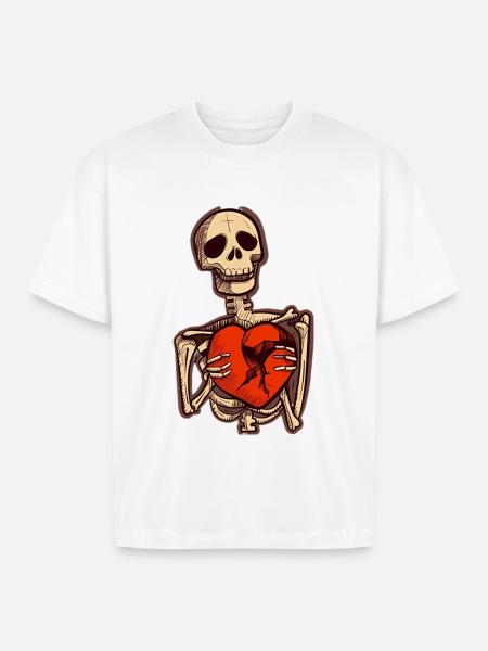 Sad Skeleton Holding Broken Heart - Boxy Fit Unisex T-Shirt - white