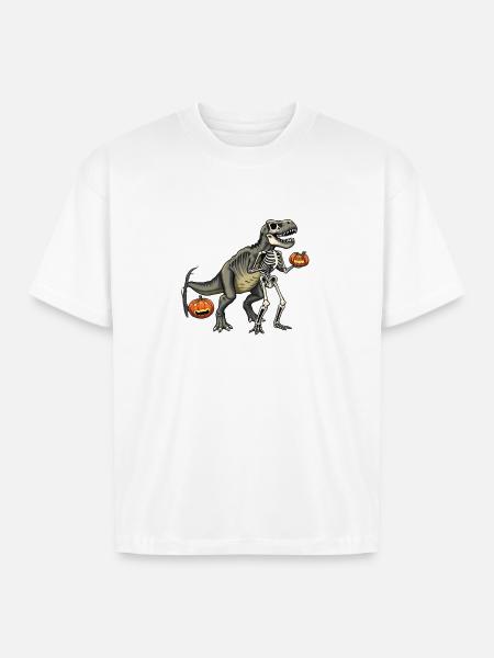 Dinosaur Skeleton Carving with Jack-o-Lantern - Boxy Fit Unisex T-Shirt - white