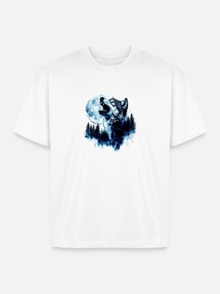 Wolf Howling at the Moon - Boxy Fit Unisex T-Shirt - white