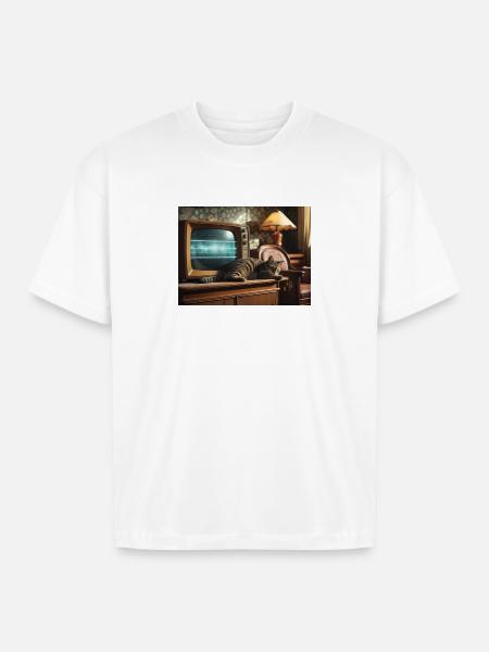 Retro TV Cat Nap - Boxy Fit Unisex T-Shirt - white