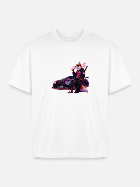 Neon Fox Racer - Boxy Fit Unisex T-Shirt - white