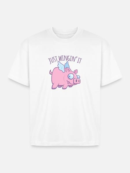 Just Wingin’ It Derpy Flying Pig - Boxy Fit Unisex T-Shirt - white