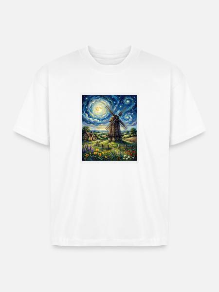 Moonlit Windmill in Bloom - Boxy Fit Unisex T-Shirt - white