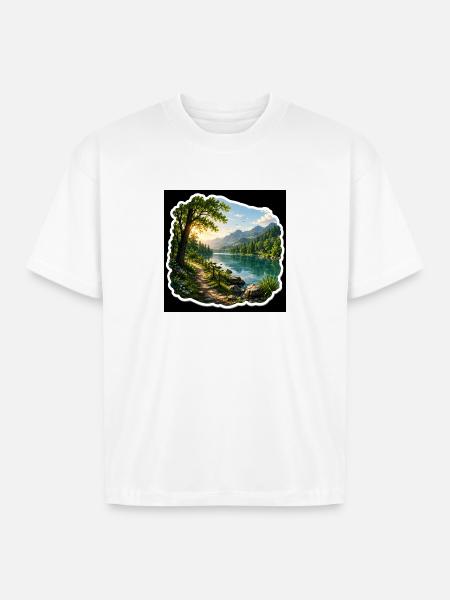 Lakeside Trail in Alpine Sun - Boxy Fit Unisex T-Shirt - white