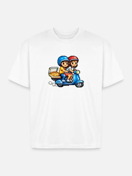 Boy and Girl on Vespa with Pizza! - Boxy Fit Unisex T-Shirt - white