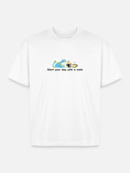 Blue Cat Café Morning - Boxy Fit Unisex T-Shirt - white