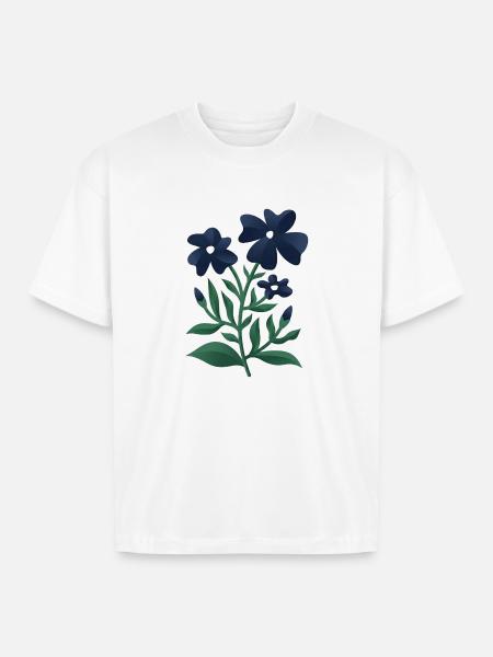 Midnight Blue Bloom Botanical Print - Boxy Fit Unisex T-Shirt - white