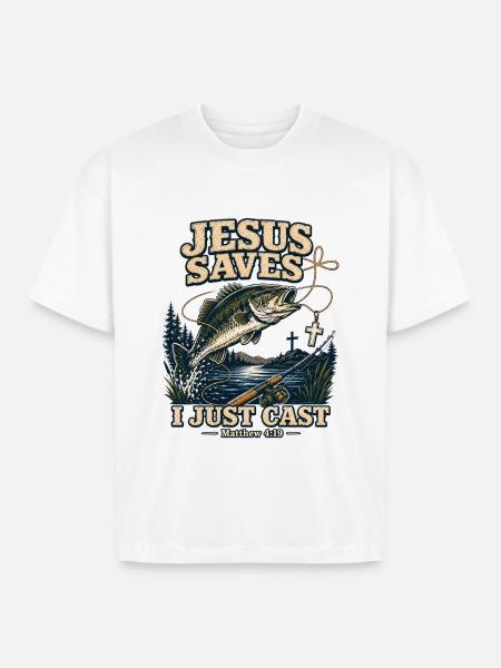 Jesus Saves I Just Cast Christian Fishing - Boxy Fit Unisex T-Shirt - white