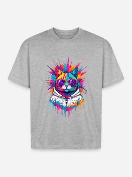 Neon Splash Cat Hoodie - Boxy Fit Unisex T-Shirt - heather gray