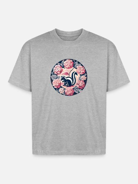 Hydrangea Circle Skunk Motif - Boxy Fit Unisex T-Shirt - heather gray