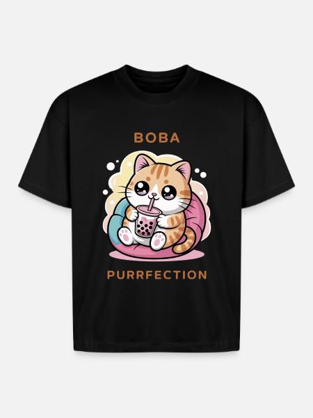 Boba Cat Purrfection - Boxy Fit Unisex T-Shirt - black