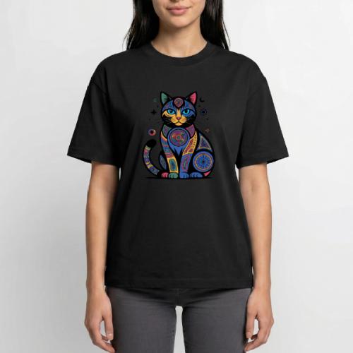 Vibrant Geometric Cat Mandala - Boxy Fit Unisex T-Shirt