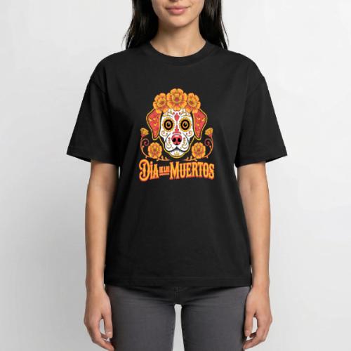 Dia De Los Muertos Dog Skull Flowers - Boxy Fit Unisex T-Shirt