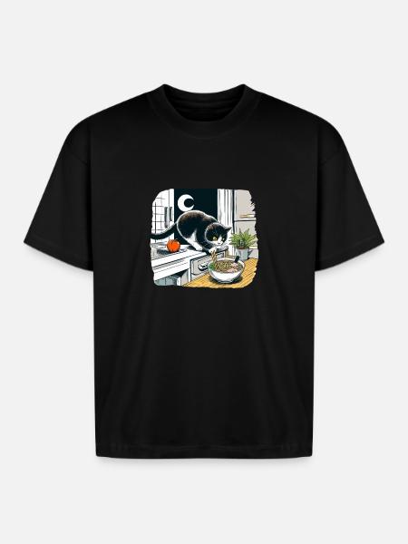 Moonlit Cat Noodle Quest - Boxy Fit Unisex T-Shirt - black