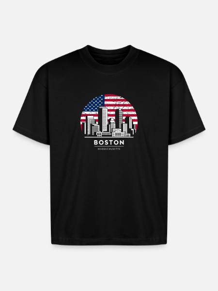 Boston Skyline Flag Emblem - Boxy Fit Unisex T-Shirt - black