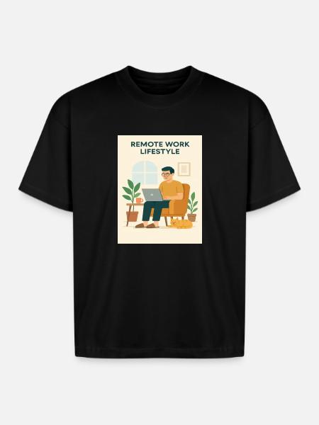 Remote Work Lifestyle Illustration - Boxy Fit Unisex T-Shirt - black
