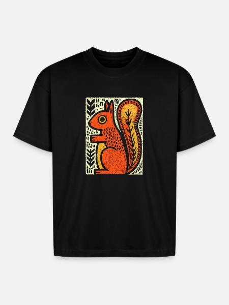 Squirrel in Rustic Woodcut - Boxy Fit Unisex T-Shirt - black