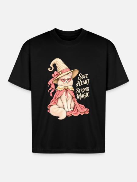 Soft Heart Strong Magic Cat - Boxy Fit Unisex T-Shirt - black