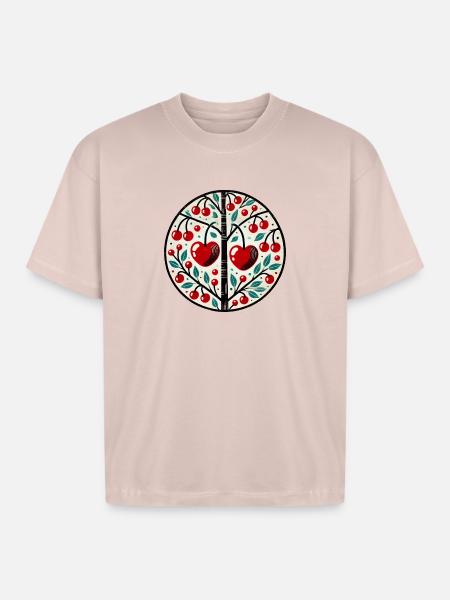 Heart Cherry Tree Folk Circle - Boxy Fit Unisex T-Shirt - blush pink