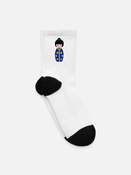 Japanese Kokeshi Doll Floral - Tennis Socks - white