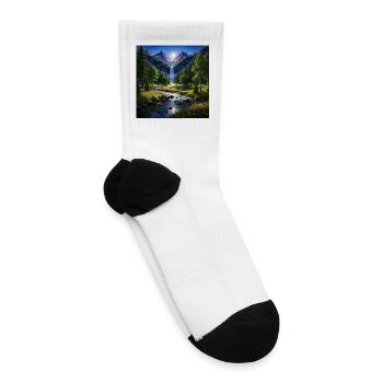 Mountain Waterfall Serene Nature Landscape - Tennis Socks - white - Right