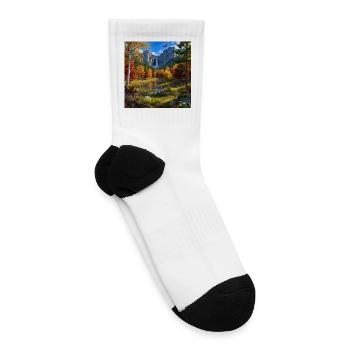 Scenic Mountain Waterfall Autumn Forest Landscape - Tennis Socks - white - Right