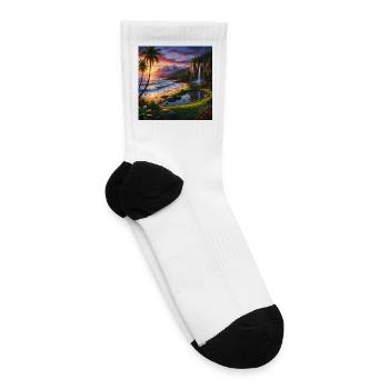 Tropical Mountain Sunset Waterfall Beach Nature - Tennis Socks - white - Right