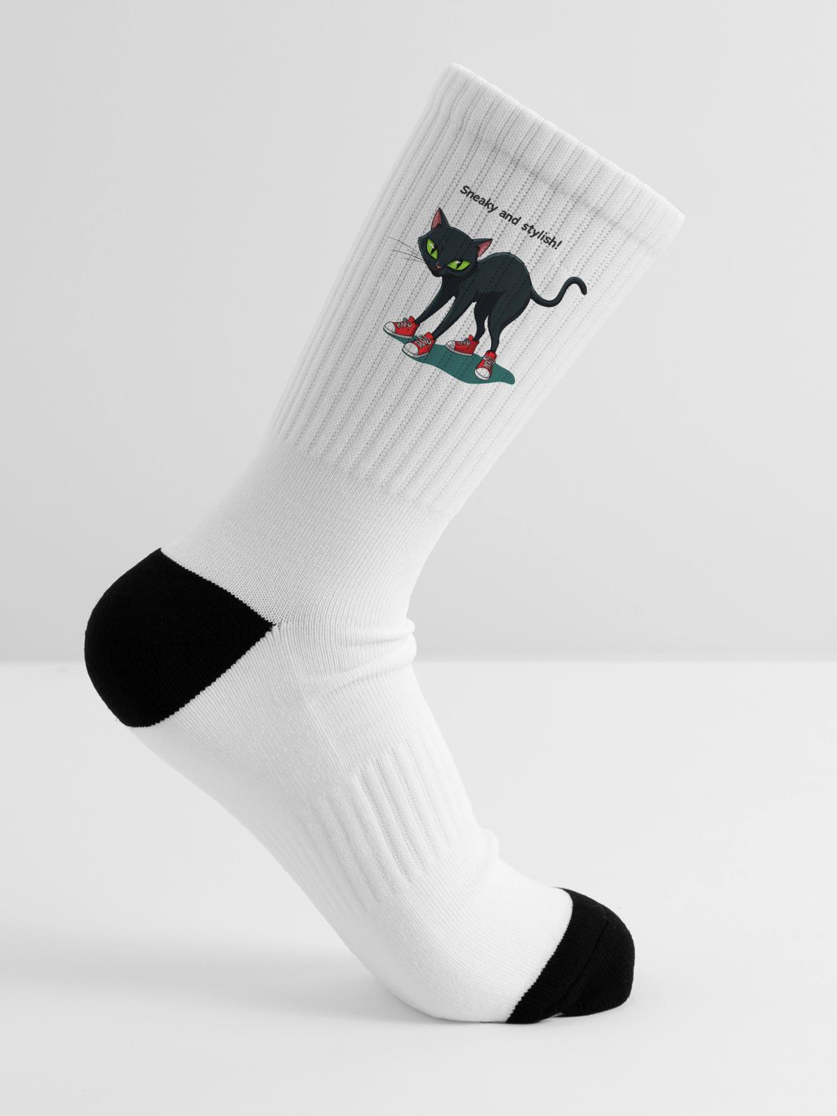 Midnight Cat in Red Sneakers - Tennis Socks - white - Right