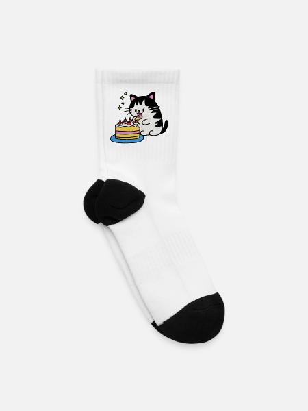 Cat Celebrates Cake - Tennis Socks - white