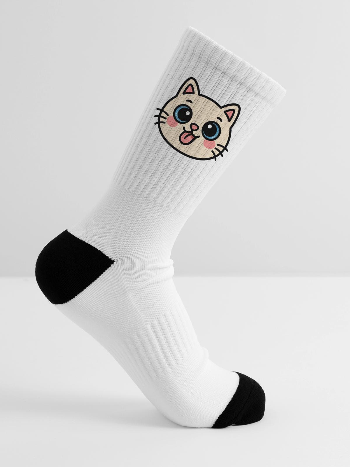Kawaii Cat Face - Tennis Socks - white - Right