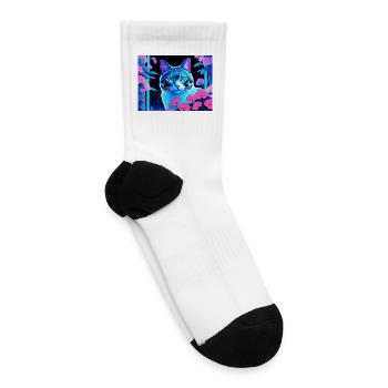 Neon Cyber Cat in Bloom Night - Tennis Socks - white - Right