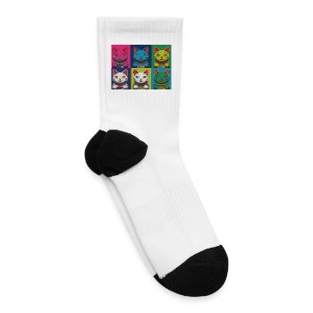 Colorful neon beckoning cat portrait - Tennis Socks - white - Right