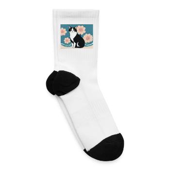 Whiskered Cat Amid Blue Blossoms - Tennis Socks - white - Right