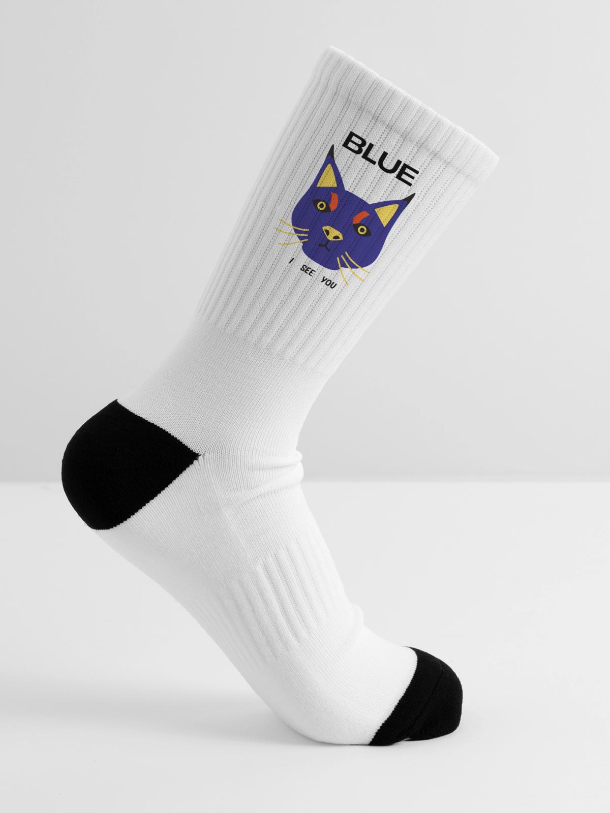 Blue Cat Face Pop Art - Tennis Socks - white - Right