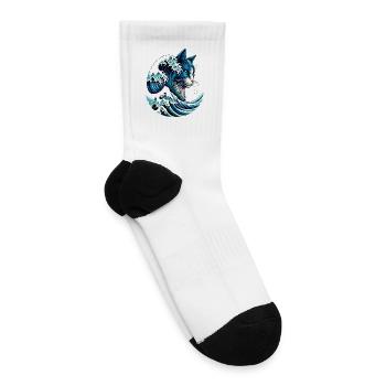Wave Cat – Japanese Ocean Art Feline Design - Tennis Socks - white - Right