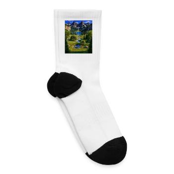 Mountain Waterfall Serene Valley Landscape - Tennis Socks - white - Right