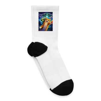 Cat Selfie with Alien UFO Funny Cat Gifts Alien  - Tennis Socks - white - Right