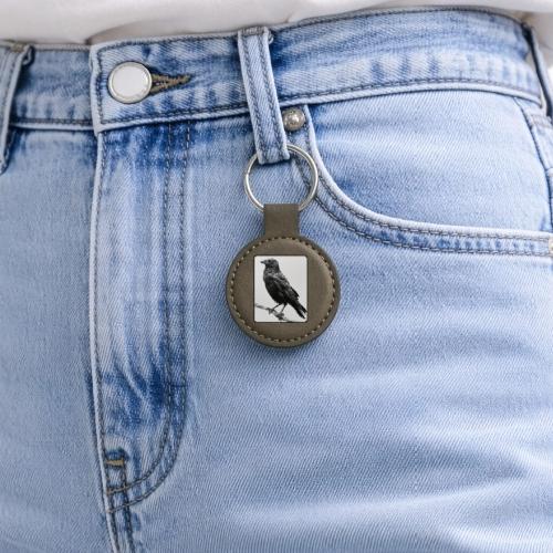 Raven Black and White Art Design - Round Shaped Keychain