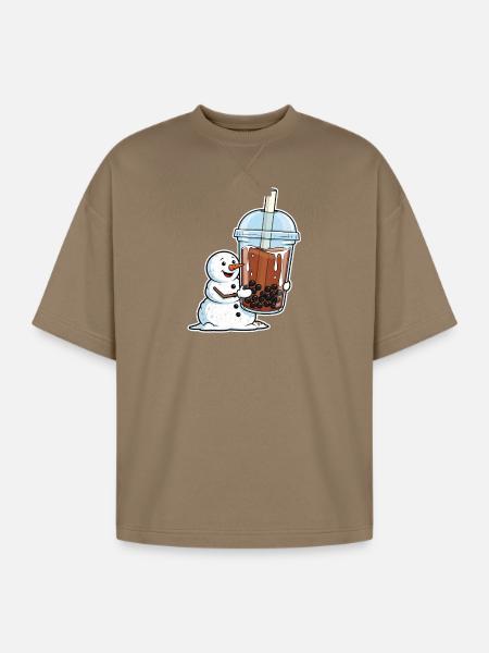 Snowman Bubble Tea Cup - Oversized Unisex Short Sleeve Sweatshirt - light brown