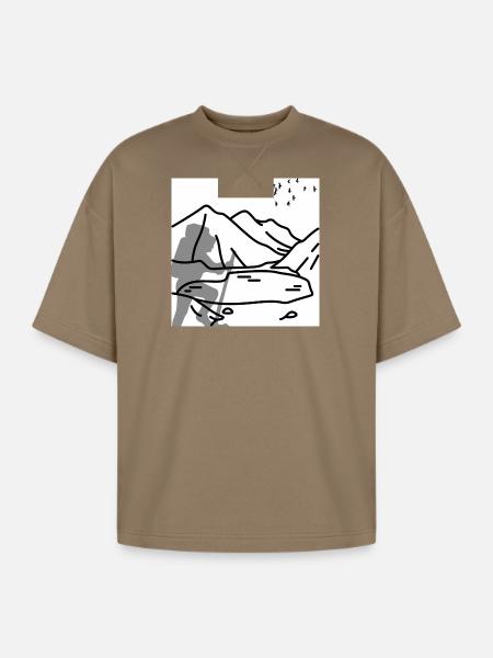Minimal Mountain Birds Line Art - Oversized Unisex Short Sleeve Sweatshirt - light brown