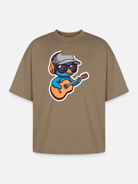 Cute Peacock Guitar Mascot Sticker - Oversized Unisex Short Sleeve Sweatshirt - light brown